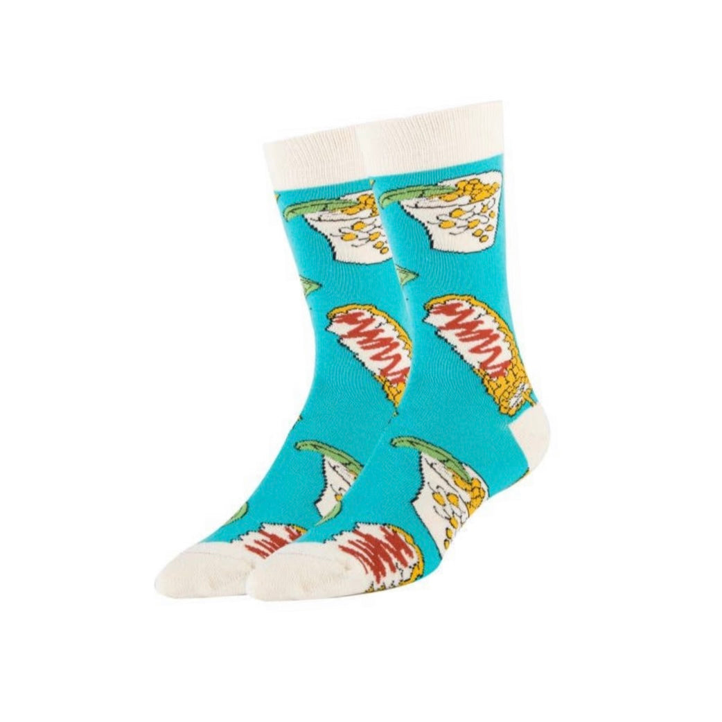 Men's mid calf elote and esquites socks with white and bright blue accents.