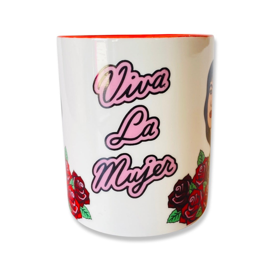 Viva La Mujer phrase in cursive writing with black and pink color accents. 