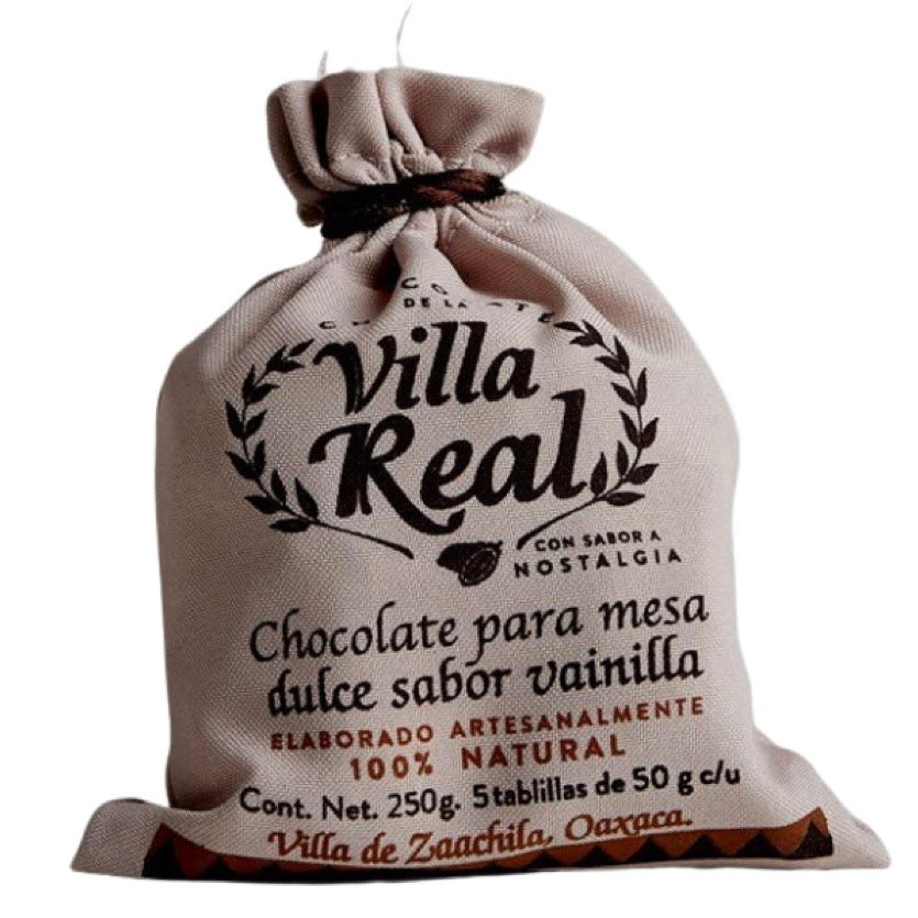 Front view of La Villa Real Oaxacan Hot Chocolate - Vanilla in branded packaging pouch. 
