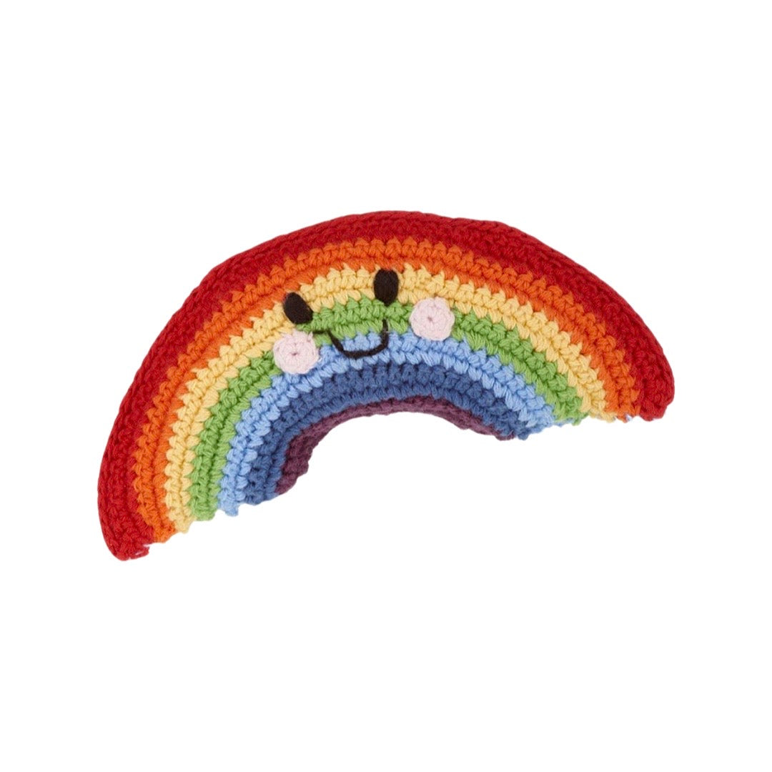 Friendly, smiling rainbow rattle. 