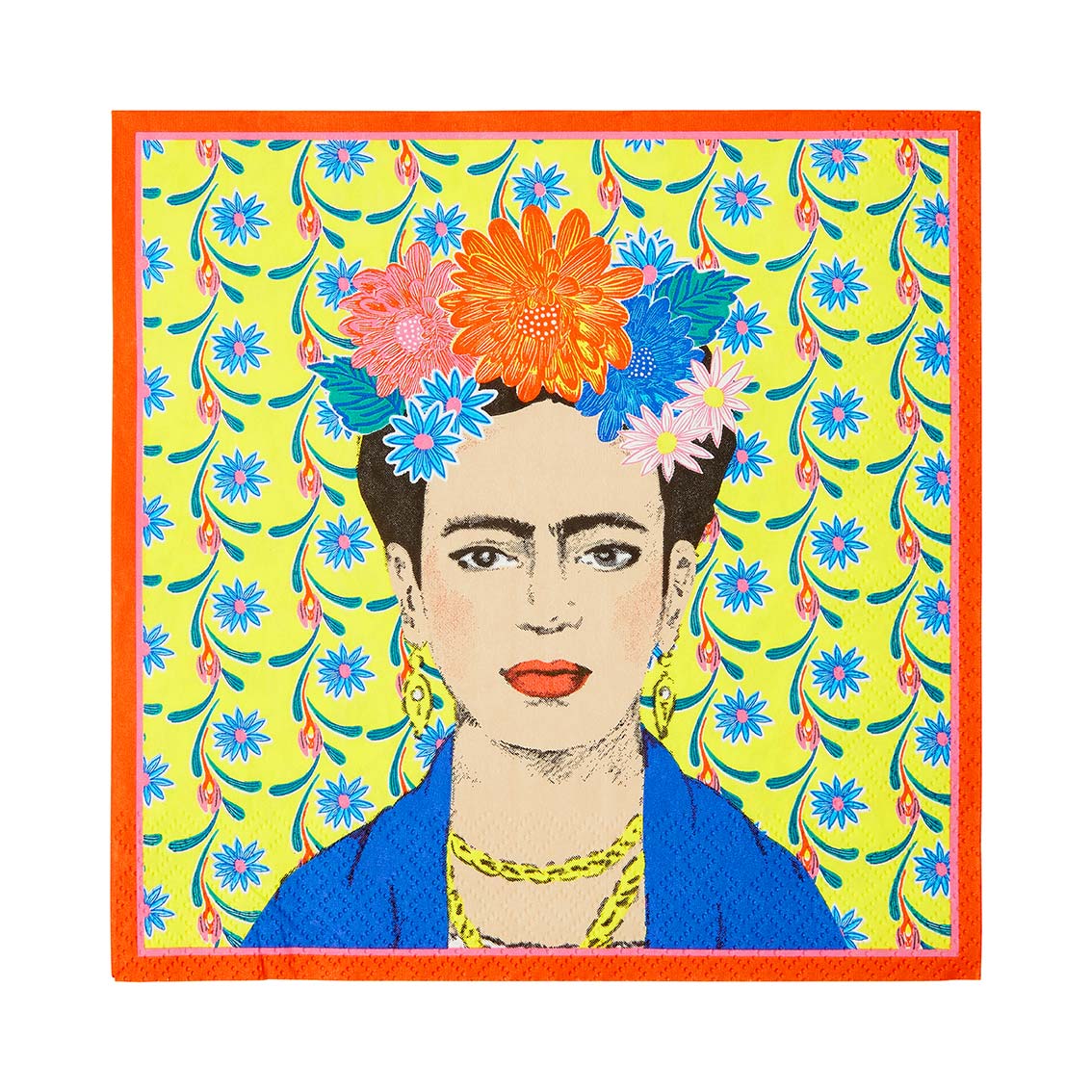 Frida Kahlo square paper napkins. Design features red border with yellow floral background and Frida self portrait.