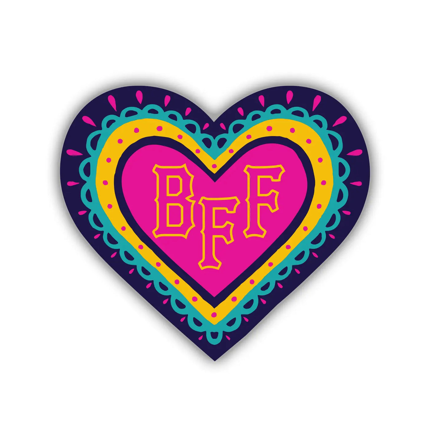 Dark purple heart with a yellow, pink and teal outlines and the phrase BFF in the center.
