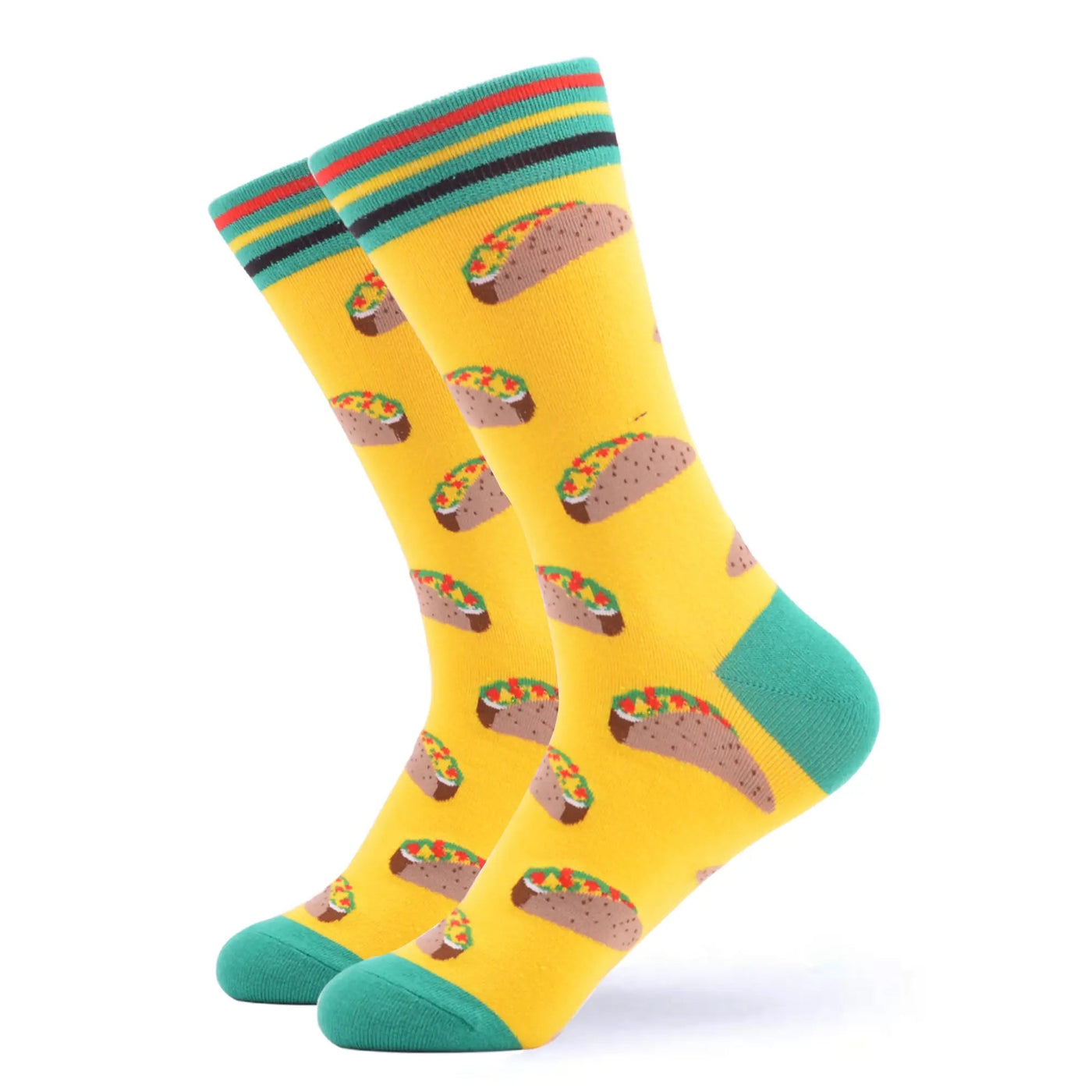 Women's mid calf taco socks with yellow and turquoise accent colors. 