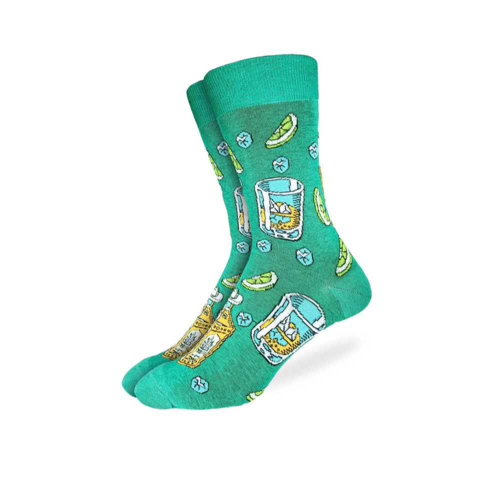 Bright green men's mid calf tequila bottle socks. Design features limes, tequila bottles, and cocktail glasses.