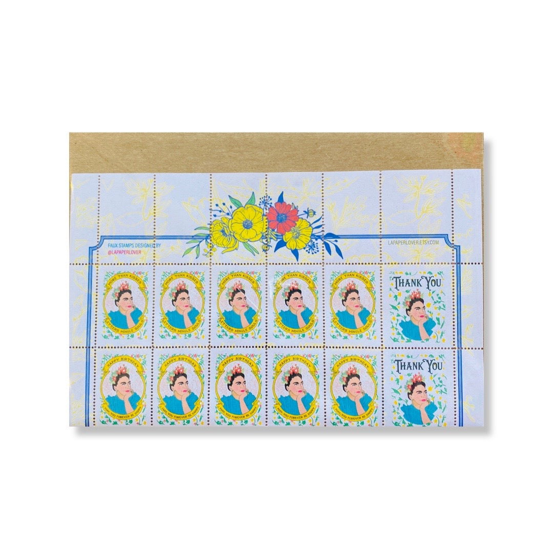 Frida Kahlo faux white stamps. Design features floral pattern.