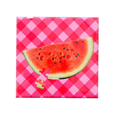 Front view of pink and white checkered box with a photo of a watermelon