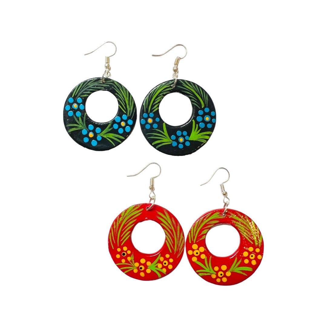 Hand painted wooden floral earrings. Pictured in black and red. 