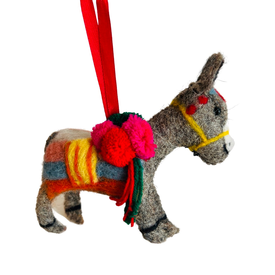 felt christmas donkey ornament wearing colorful blankets
