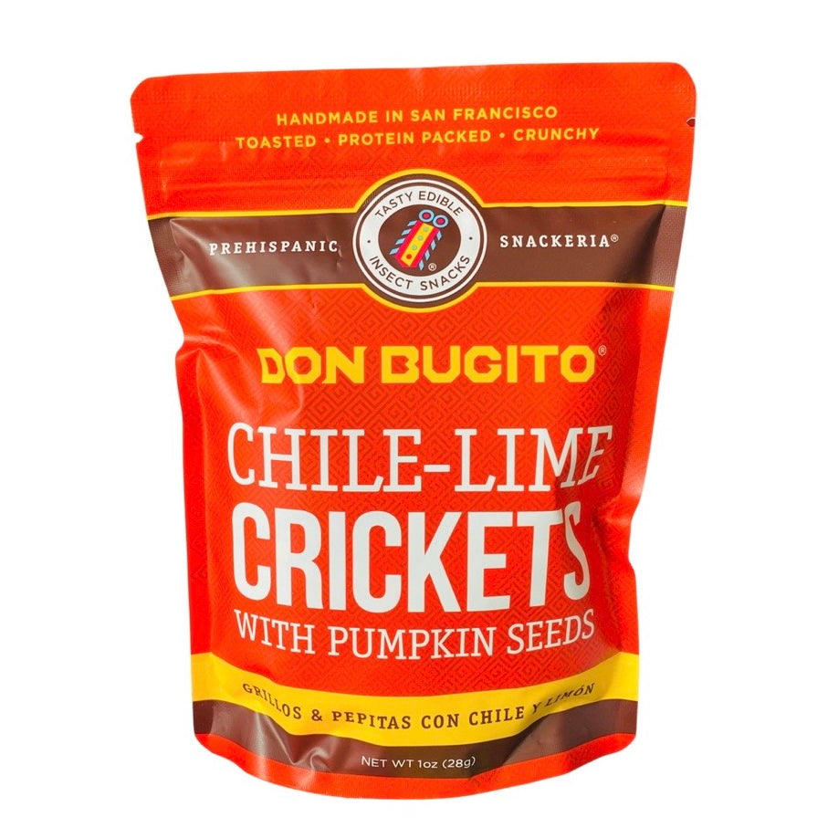 Front view of Chile-Lime Crickets & Pumpkin Seeds with branded plastic pouch with a Ziploc style closure.