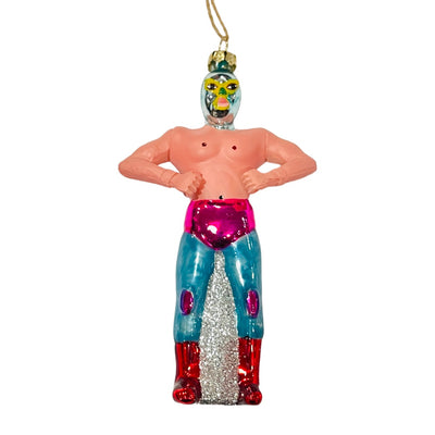 Hand-painted glass Luchador ornament in blue and red with glitter accents.