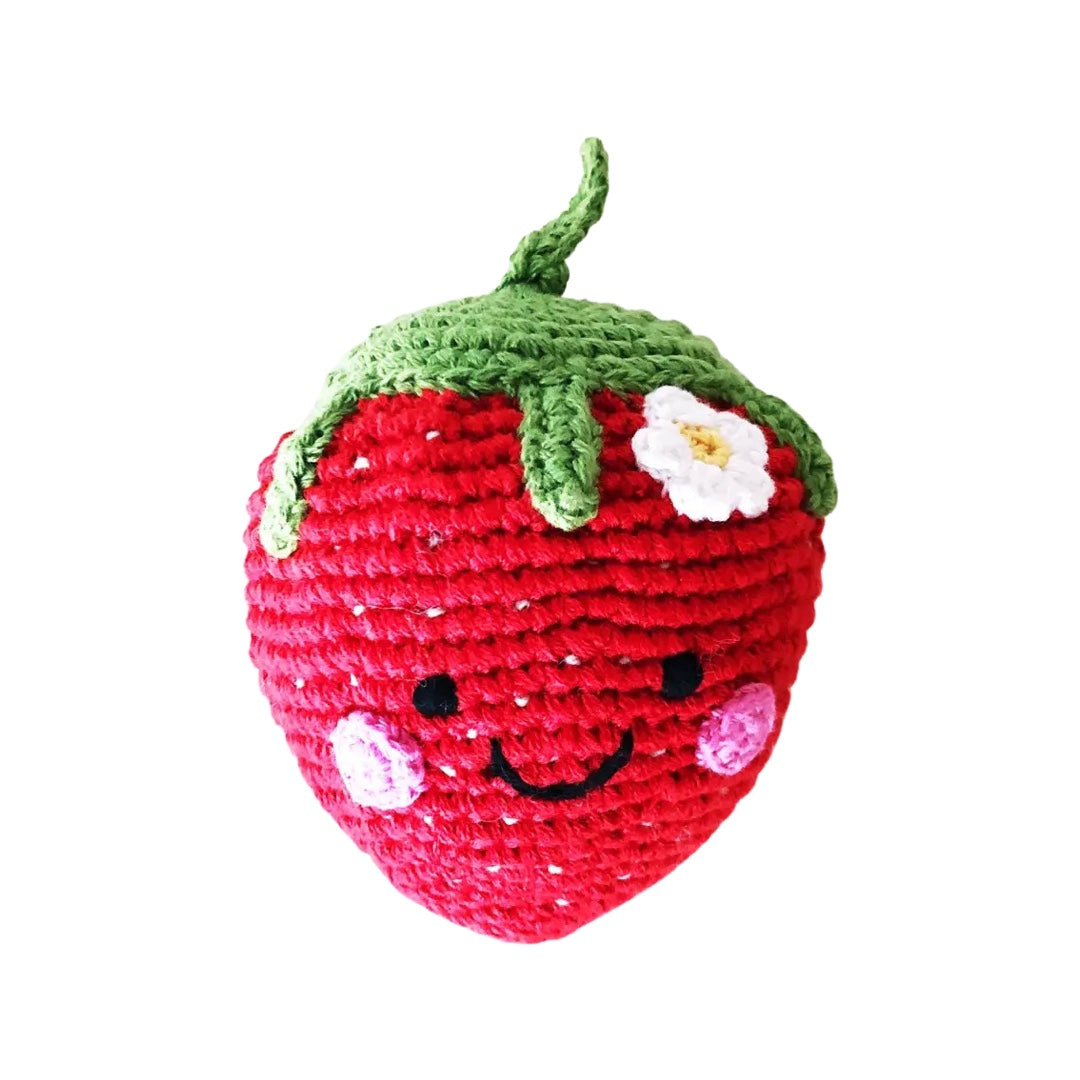Strawberry crochet rattle with a smile face