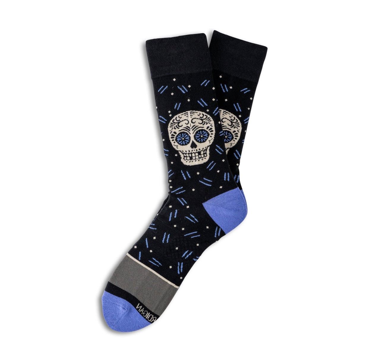 Men's mid calf sugar skulls socks with black, blue, and gray accents.