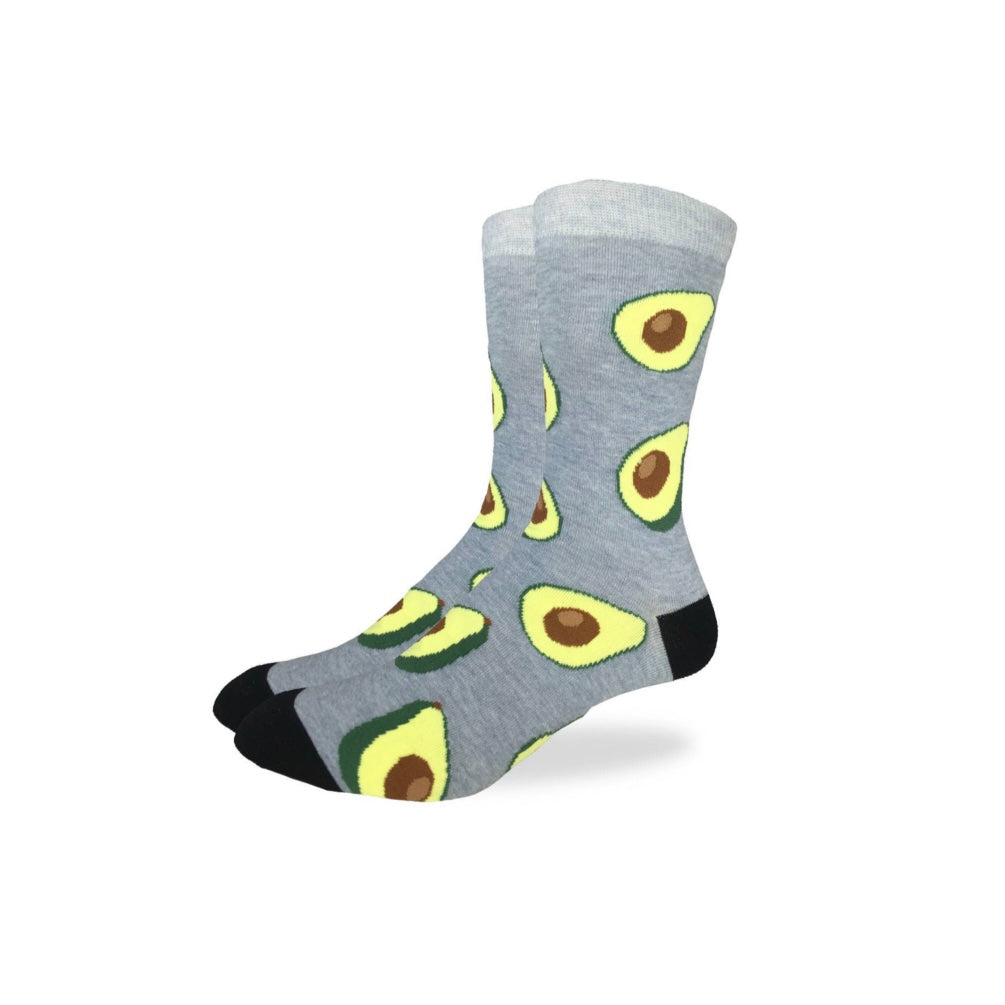 Men's mid calf avocado socks with black and gray accents. 