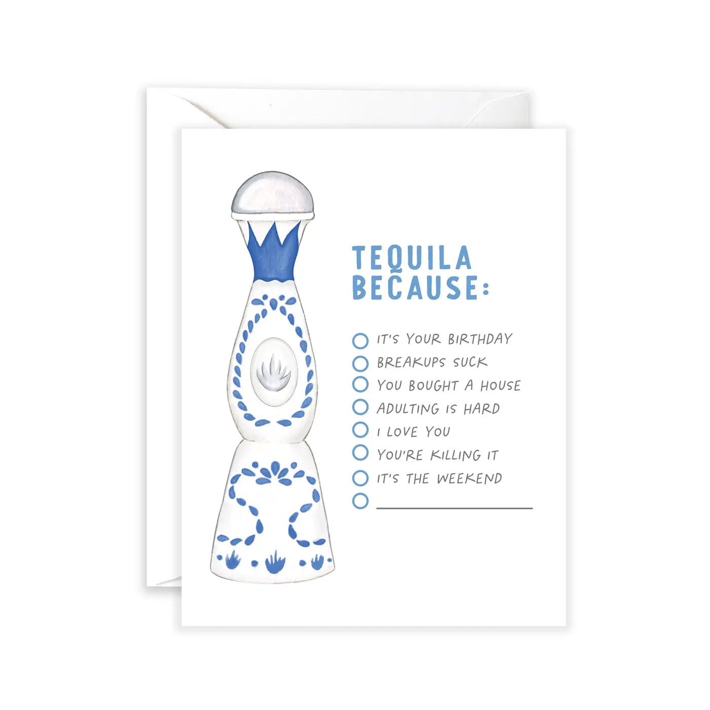 White card with a blue and white tequila bottle with the phrase Tequila Because: then features a list of occasions to pick from.
