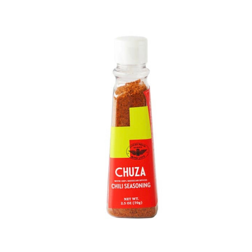 Chuza Chili Seasoning in clear branded bottle with cap.