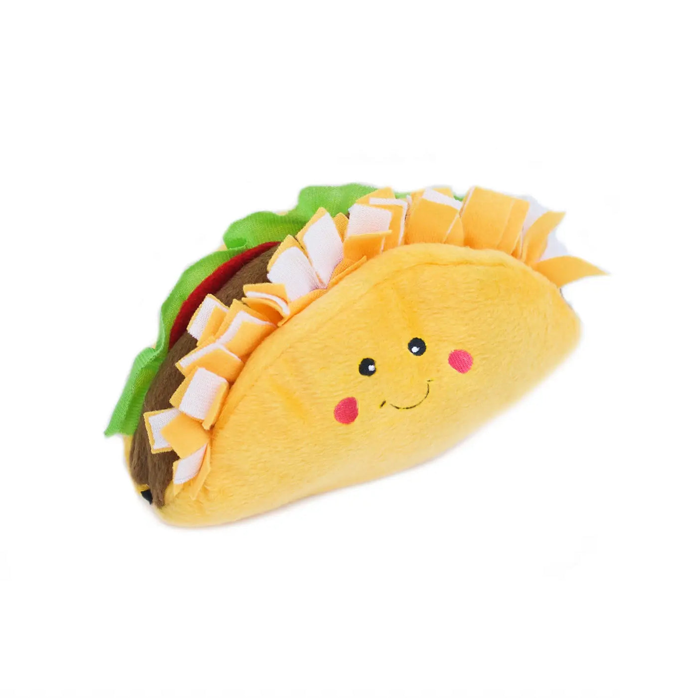 Felt taco dog toy featuring a smiley face