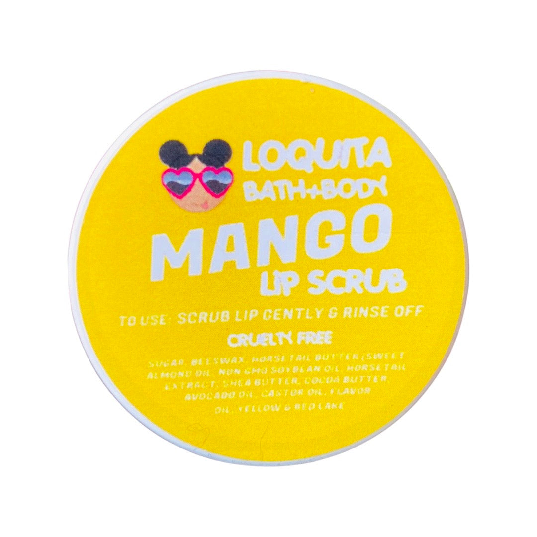 Mango lip scrub in branded circular jar with lid.