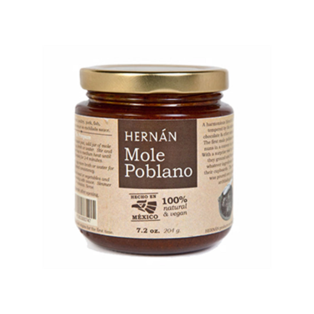 front view of Hernán Mole Poblano in branded glass jar with lid.