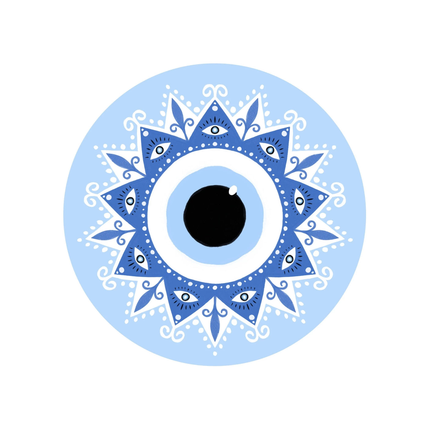 Round light blue sticker with an image of an eye in the center surrounded with a white and blue design that includes 9 other eyes.