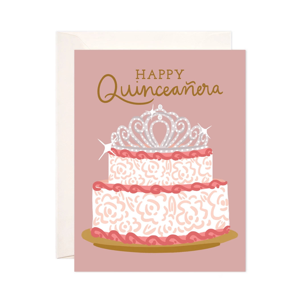 Happy Quinceañera birthday card with sparkling tiara and cake.