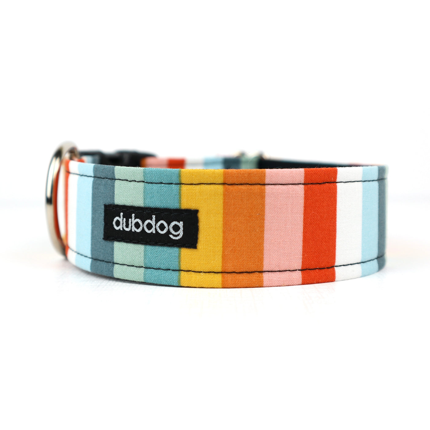 Colorful striped dog collar featuring name brand tag, "dubdog"