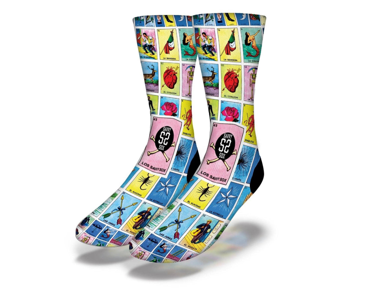 Men's mid calf loteria print socks. 