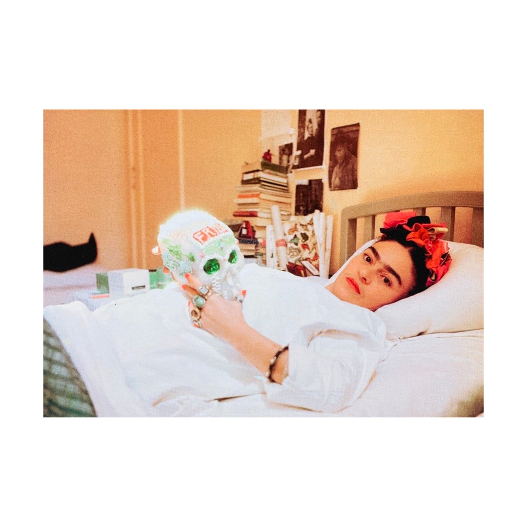 Vintage Frida in bed photograph postcard. 
