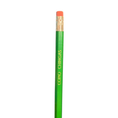 Bright green Como Chingas phrase pencil. 