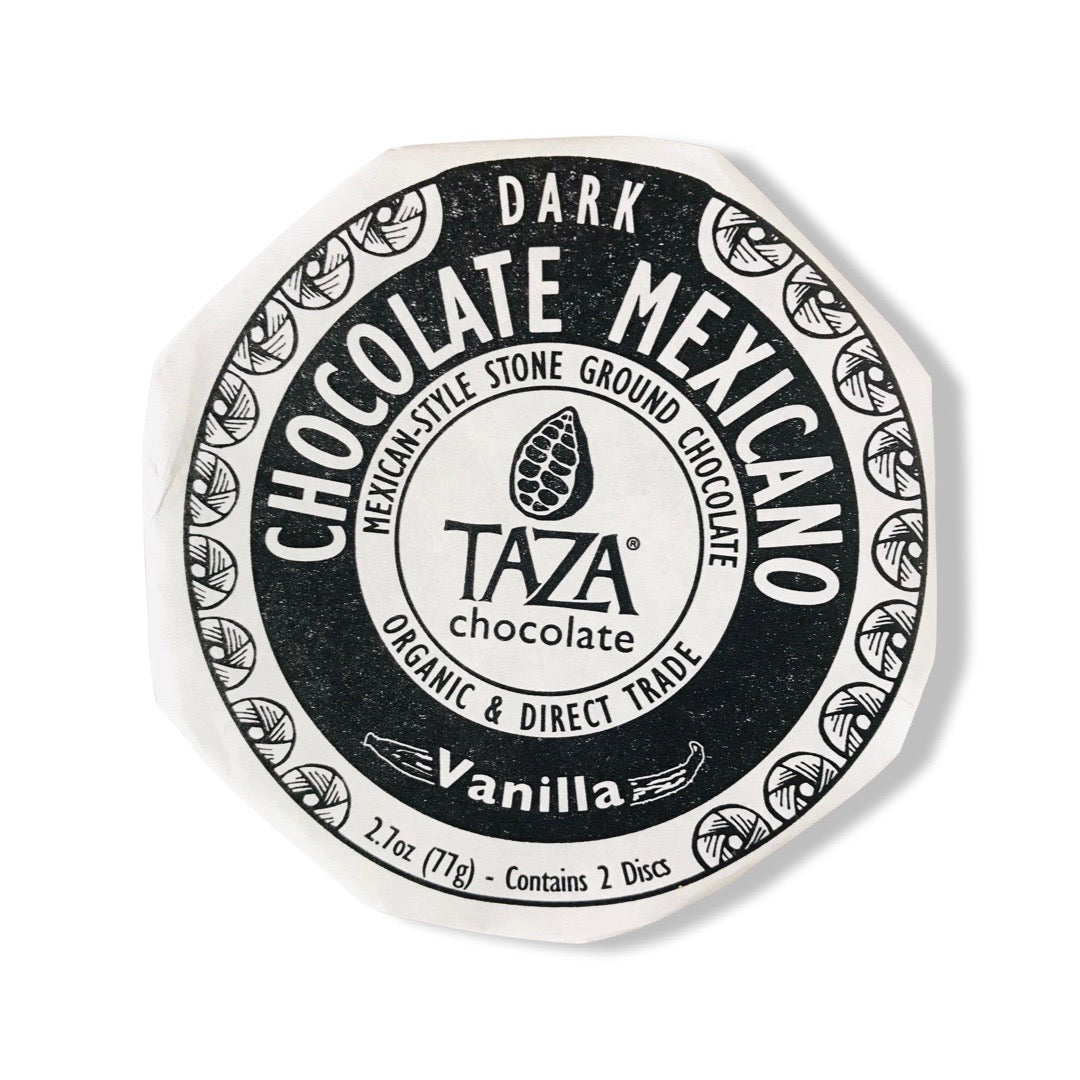 Front view of Taza Chocolate Mexicano Disc - Vanilla in branded packaging. 
