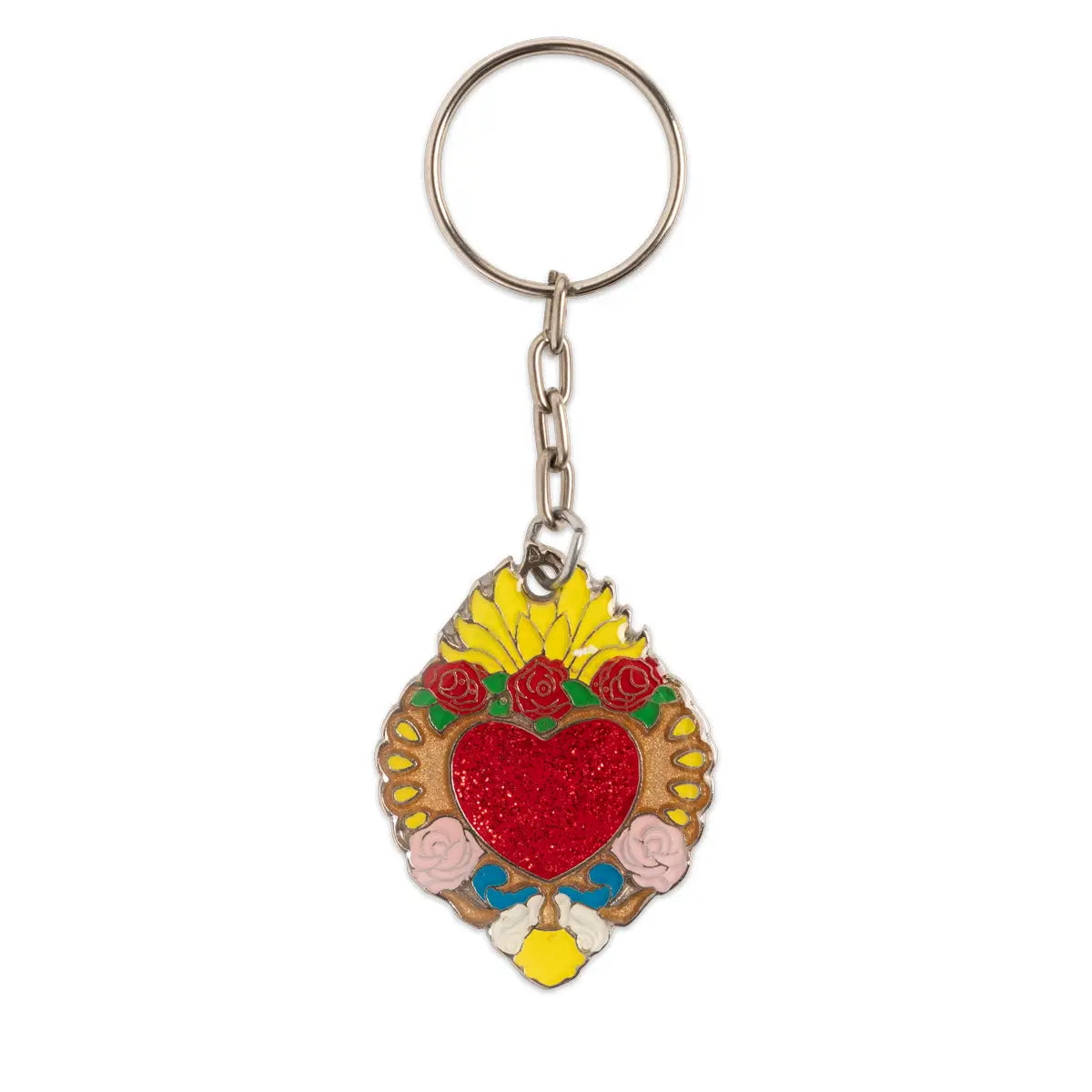 Enamel Sacred Heart keychain featuring a red heart, three red roses, two pink roses and yellow flames.