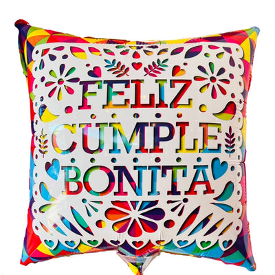"Feliz Cumple Bonita" phrase square balloon. Design features white papel picado with rainbow background. 