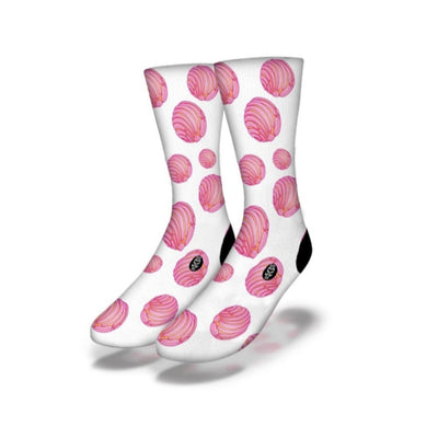 Junior mid calf pink concha socks with white and black accent colors.