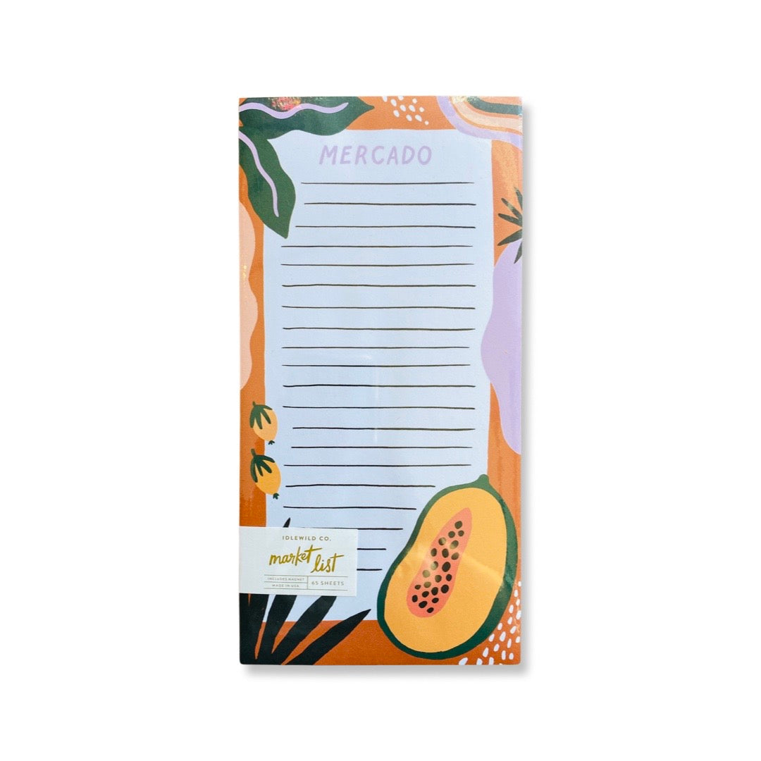 Mercado list notepad with papaya graphic.