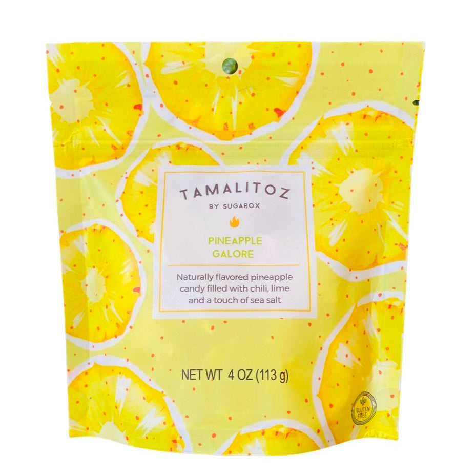 Front view of Tamalitoz - Pineapple Galore in branded plastic pouch with a Ziploc style closure