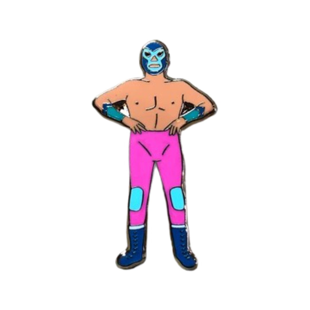 Luchador enamel pin. Luchador wears blue mask and pink pants.