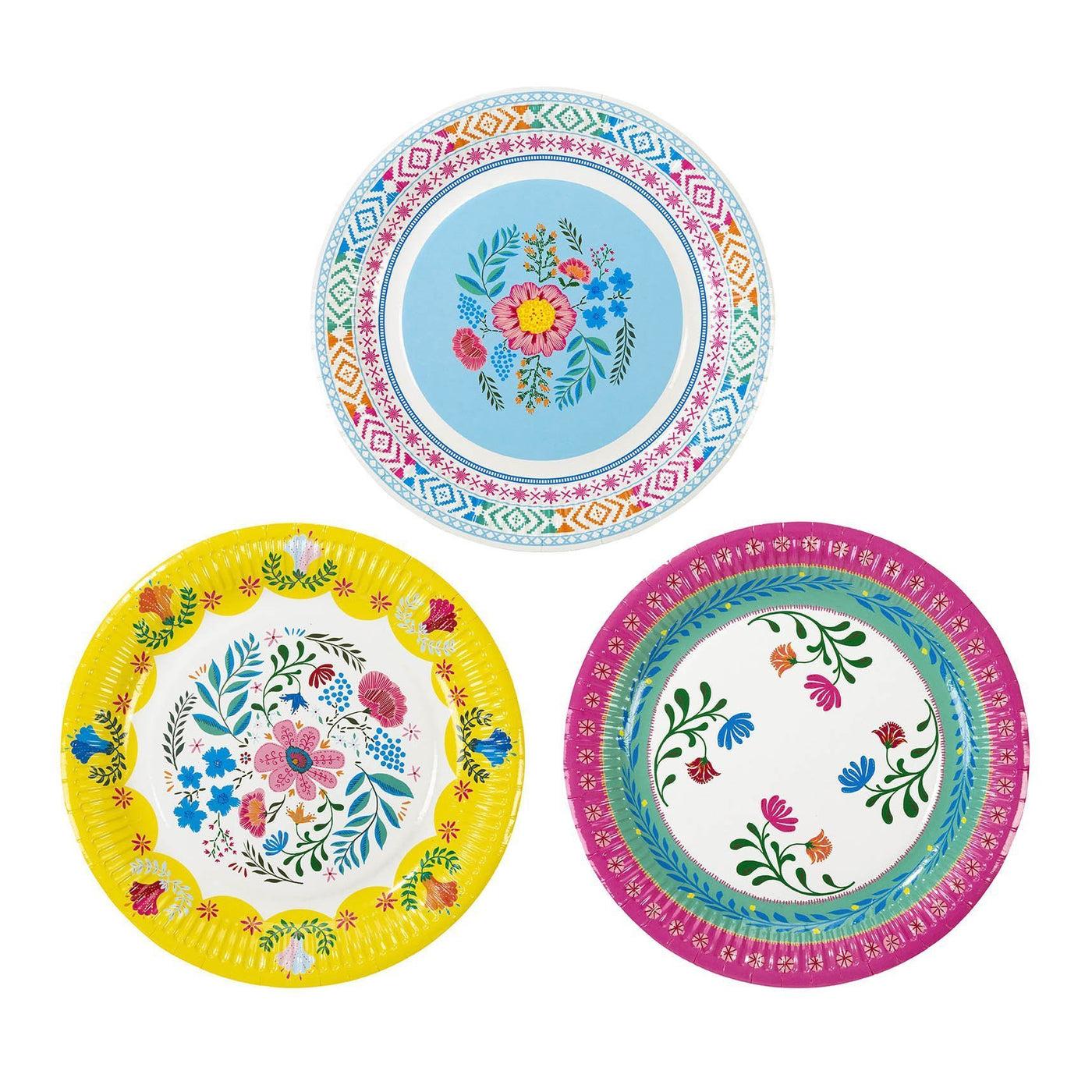 Top view of the 3 different designs included with our floral paper plates. All designs feature colorful illustrations of flowers and foliage. All three variants have a either a yellow border, a magenta border, or a multicolor border