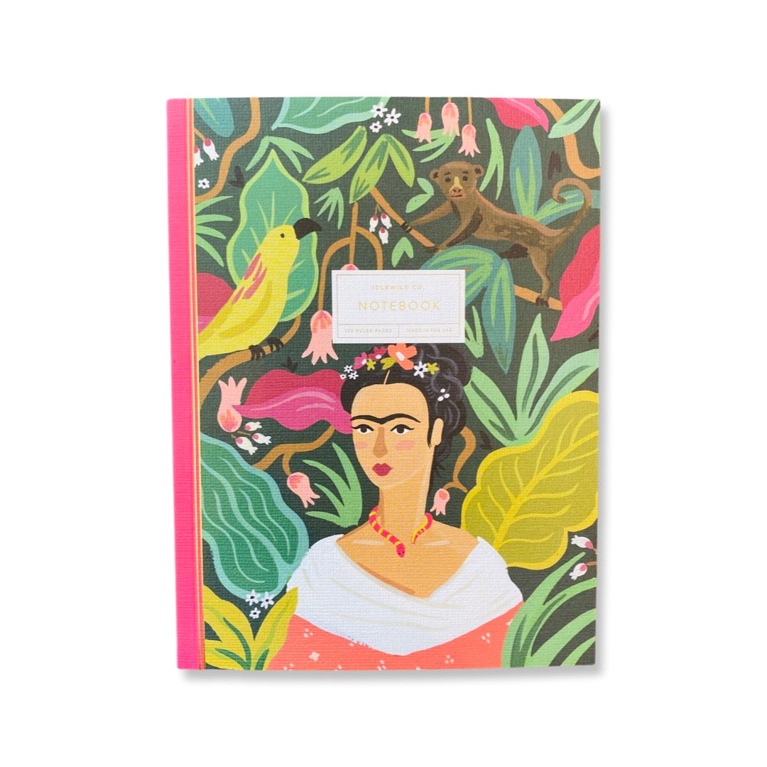 Frida Kahlo notebook with gold foil accents. Design features colorful plant & flowers with a parrot and monkey.