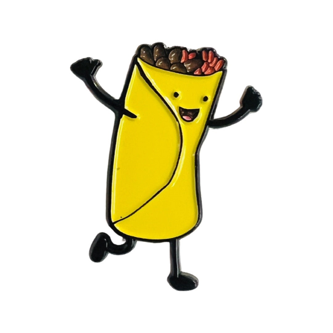 Enamel burrito pin with a smiley face and arms in the air as in celebration.
