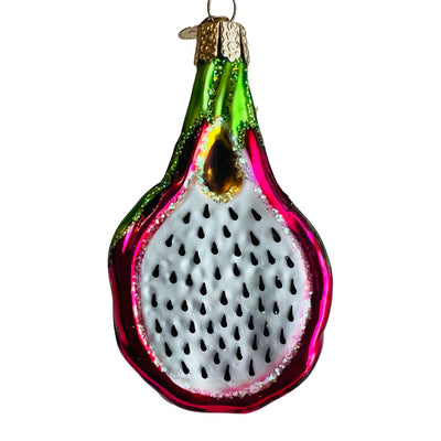 Hand-painted glass fragon fruit ornament with glitter accents. Dragon fruit is cut in half to reveal interior. 