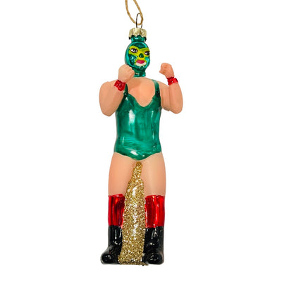 Hand-painted glass Luchador ornament in green with glitter accents.
