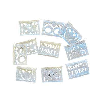 A mini wedding papel picado banner in white with various bird & heart shaped designs. Papel picado , or perforated paper, is a traditional Mexican decorative craft made by cutting elaborate designs into sheets of tissue paper.
