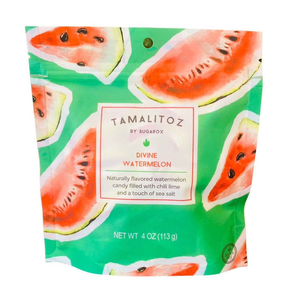 Front view of Tamalitoz - Divine Watermelon in branded plastic pouch with a Ziploc style closure