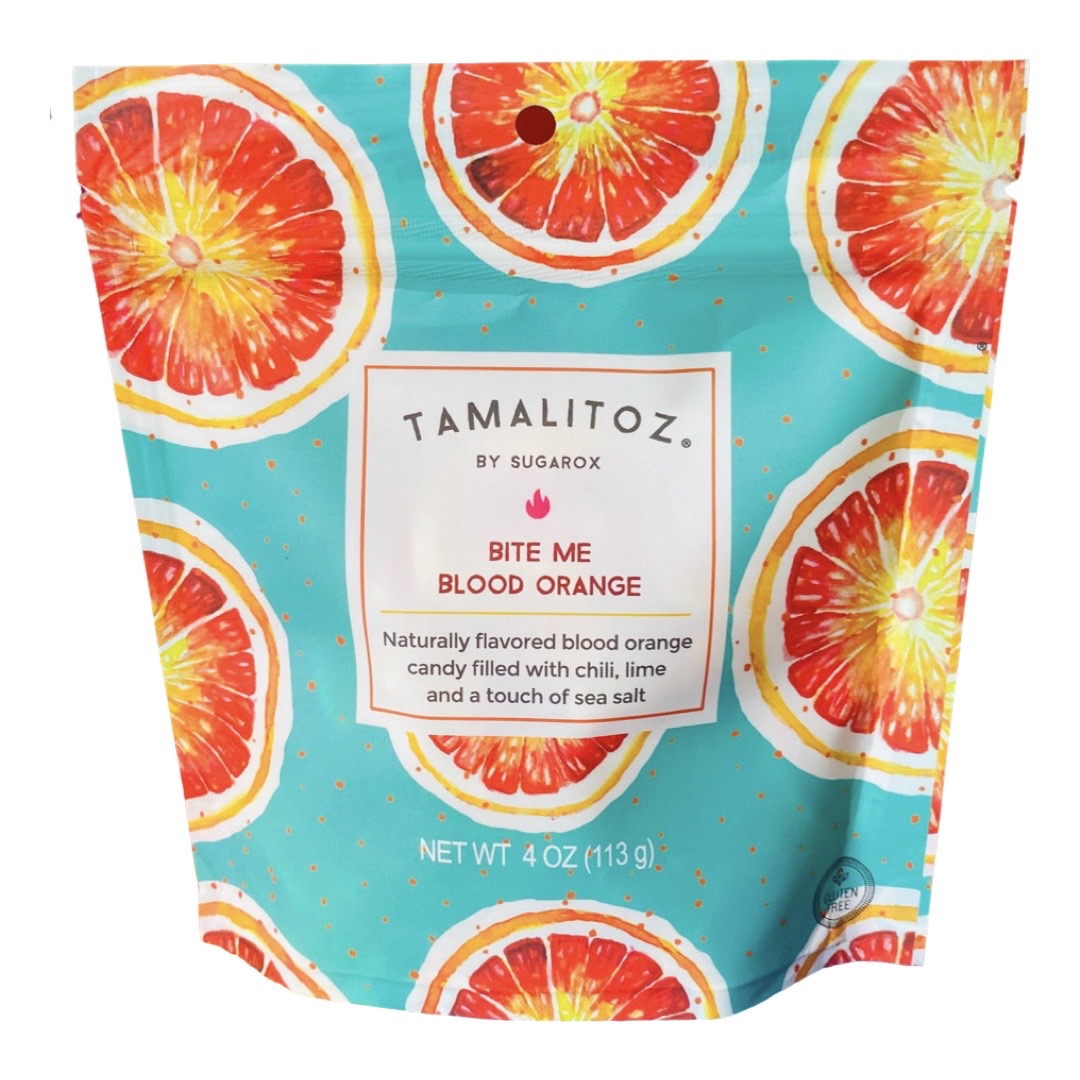 Front view of Tamalitoz - Bite Me Blood Orange in branded plastic pouch with a Ziploc style closure.