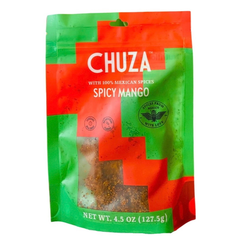 Front view of Chuza - Spicy Mango in branded plastic pouch with a Ziploc style closure