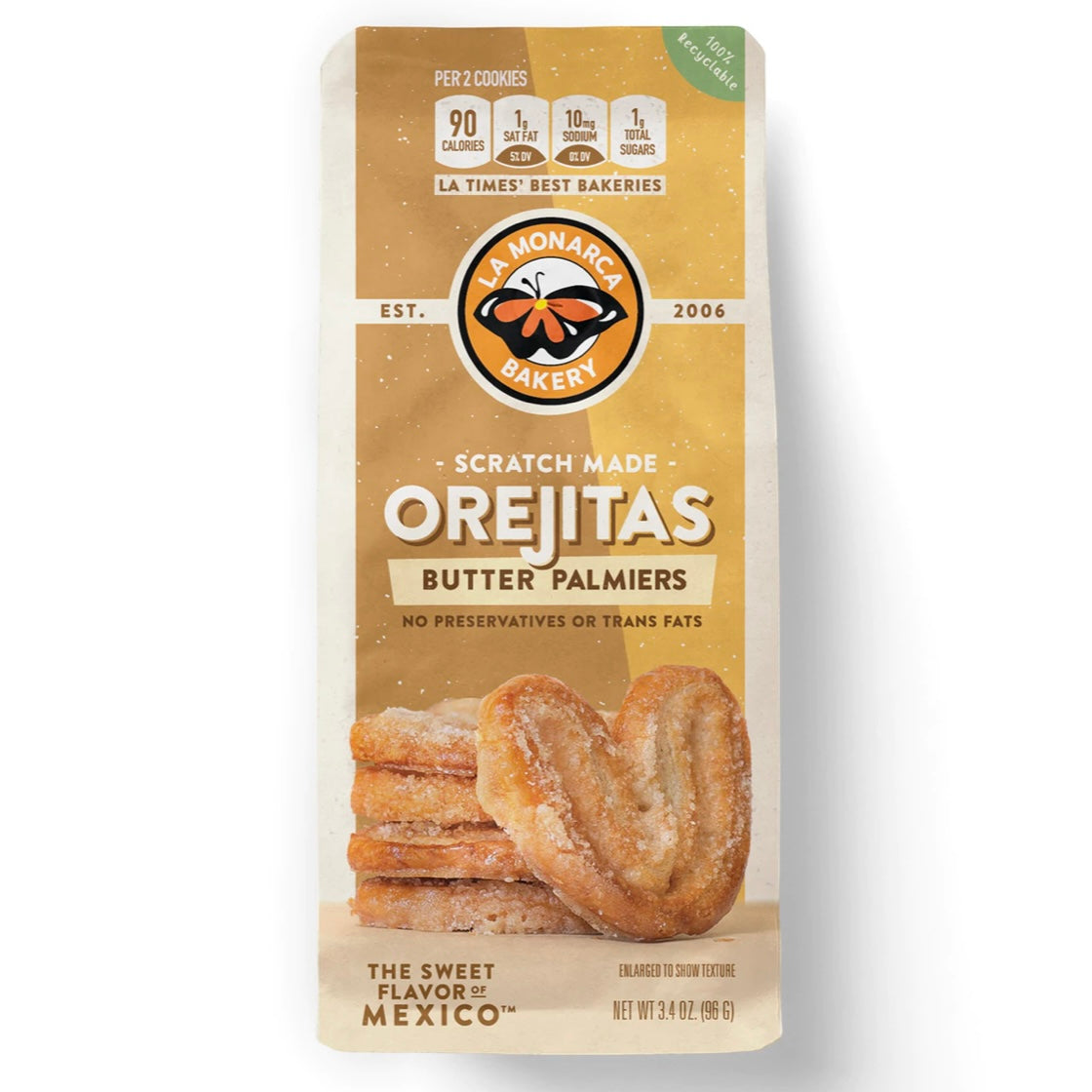 front view of La Monarca Orejitas (Mini Palmiers) in branded packaging bag. 