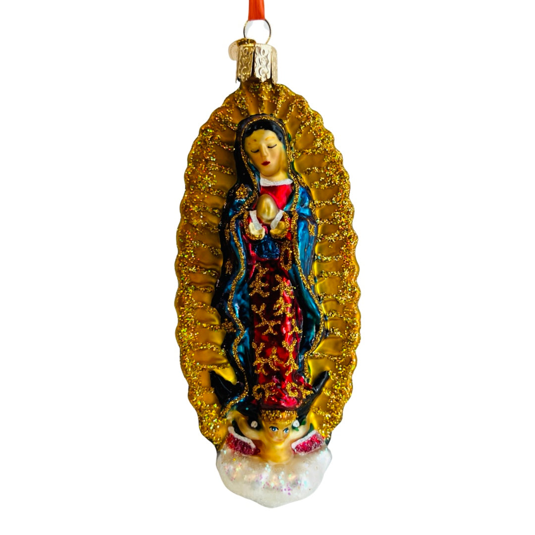 Hand-painted glass Our Lady of Guadalupe ornament with glitter accents.   