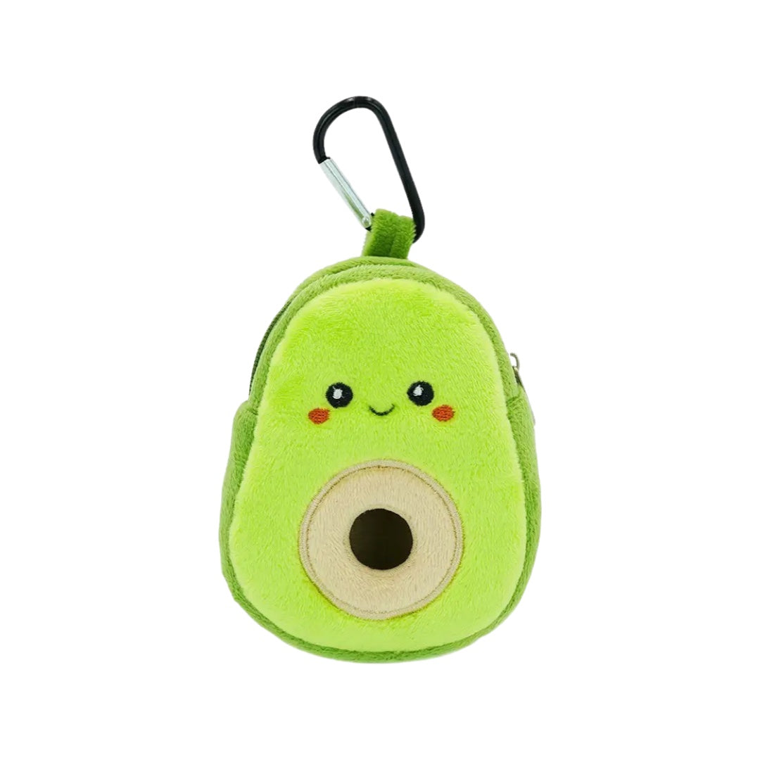 Plush green avocado dog poop bag holder with a smiley face