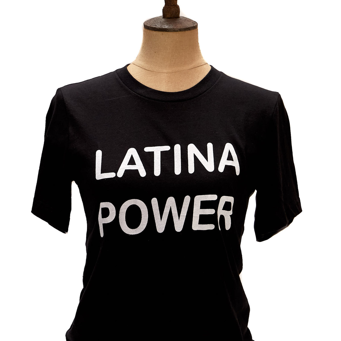 Black, "Latina Power" phrase t-shirt with white detail pictured on mannequin. 