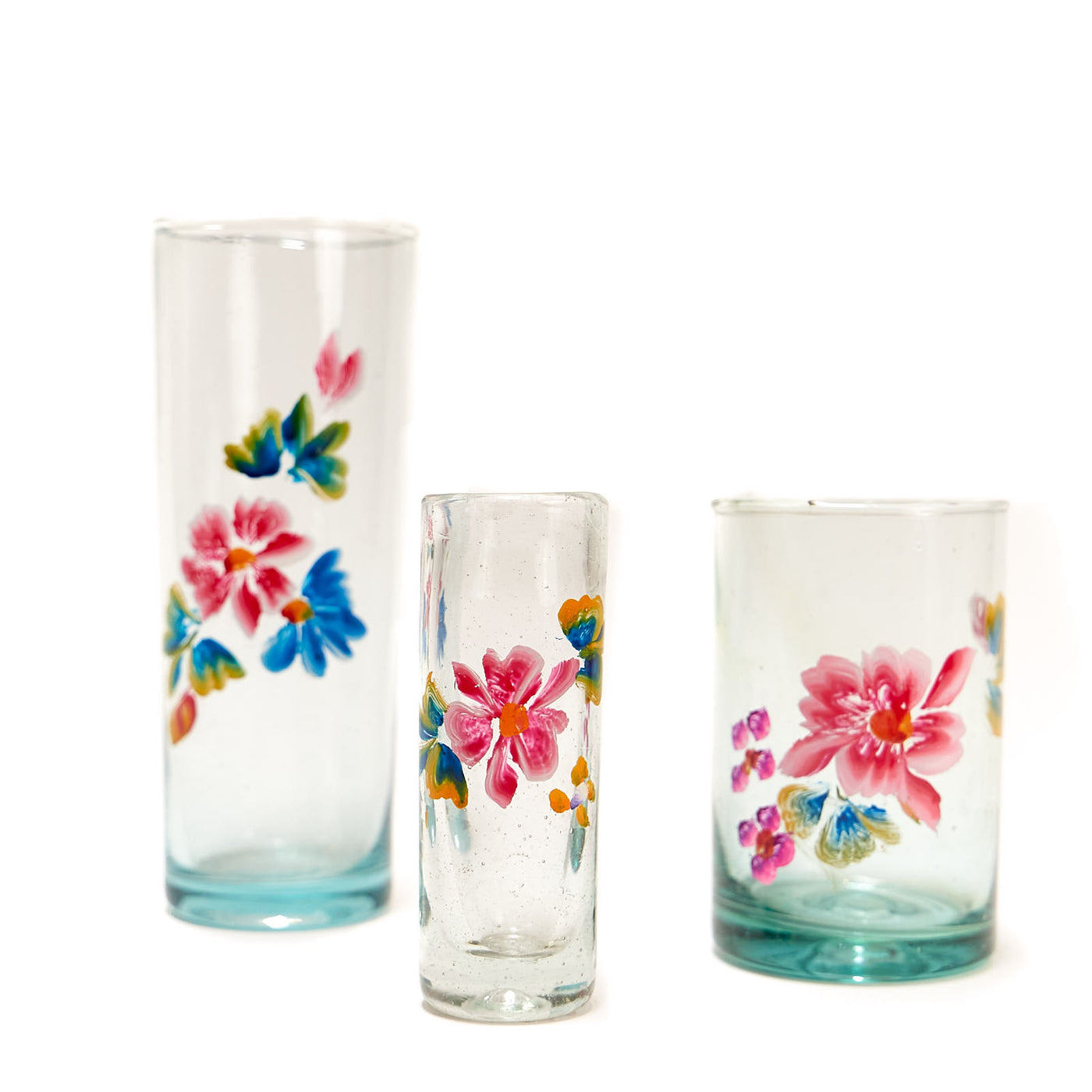 Hand-painted flower glassware in a variety of sizes. 
