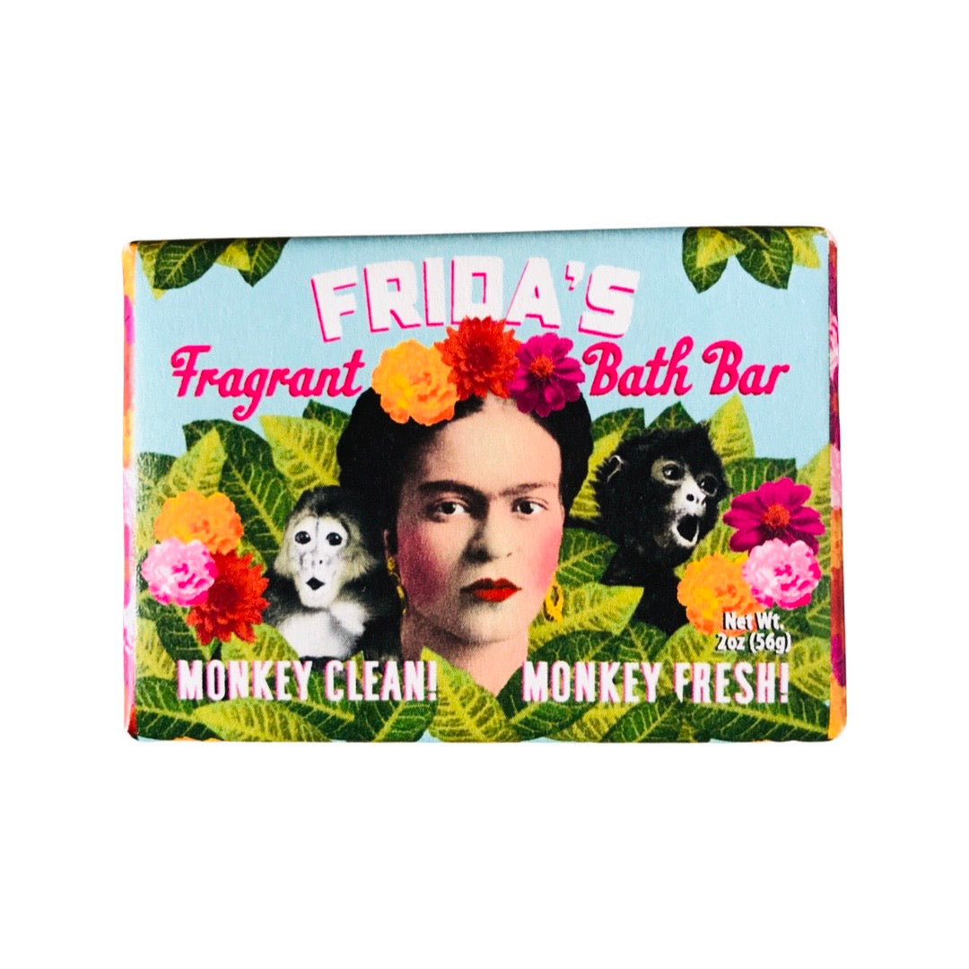 Colorful soap bar featuring artist Frida Kahlo and monkeys.